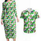 Canberra Raiders Couples Matching Long Sleeve Bodycon Dress and Hawaiian Shirt Tropical Hibiscus Floral Seamless Rugby Mascot