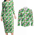 Canberra Raiders Couples Matching Long Sleeve Bodycon Dress and Long Sleeve Button Shirt Tropical Hibiscus Floral Seamless Rugby Mascot