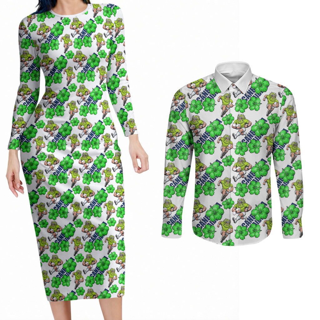 Canberra Raiders Couples Matching Long Sleeve Bodycon Dress and Long Sleeve Button Shirt Tropical Hibiscus Floral Seamless Rugby Mascot