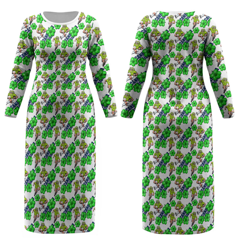 Canberra Raiders Couples Matching Long Sleeve Bodycon Dress and Long Sleeve Button Shirt Tropical Hibiscus Floral Seamless Rugby Mascot