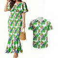 Canberra Raiders Couples Matching Mermaid Dress and Hawaiian Shirt Tropical Hibiscus Floral Seamless Rugby Mascot