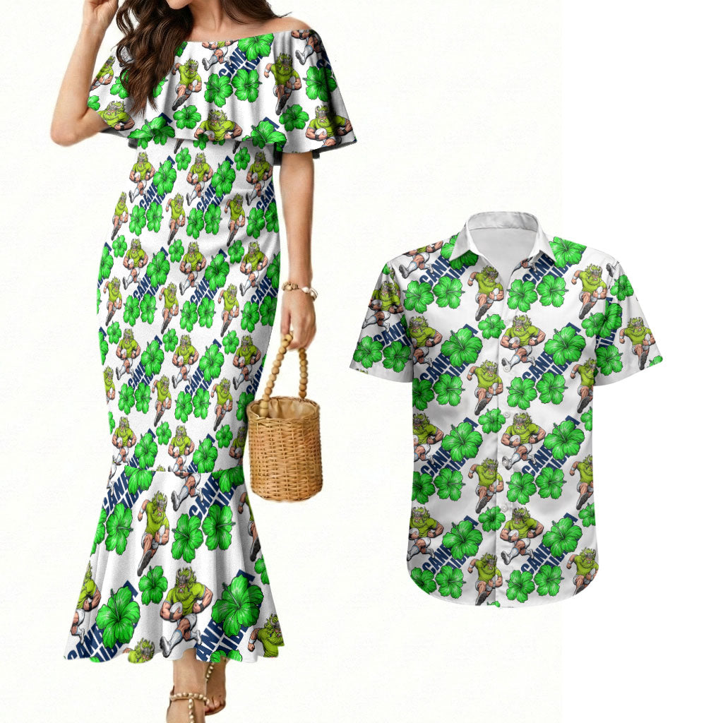 Canberra Raiders Couples Matching Mermaid Dress and Hawaiian Shirt Tropical Hibiscus Floral Seamless Rugby Mascot