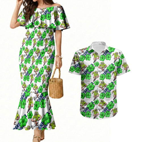 Canberra Raiders Couples Matching Mermaid Dress and Hawaiian Shirt Tropical Hibiscus Floral Seamless Rugby Mascot