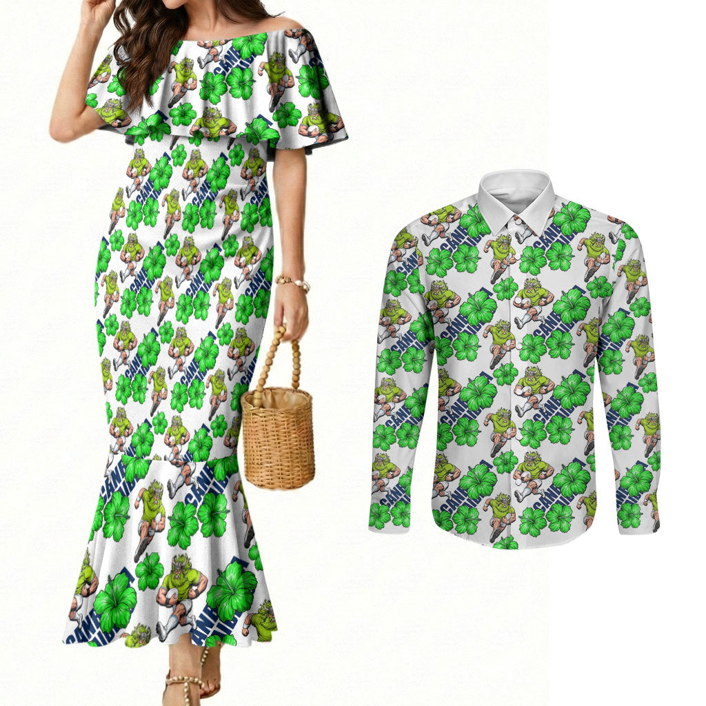 Canberra Raiders Couples Matching Mermaid Dress and Long Sleeve Button Shirt Tropical Hibiscus Floral Seamless Rugby Mascot