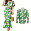 Canberra Raiders Couples Matching Mermaid Dress and Long Sleeve Button Shirt Tropical Hibiscus Floral Seamless Rugby Mascot