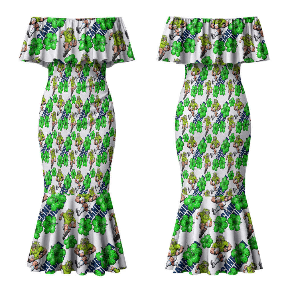 Canberra Raiders Couples Matching Mermaid Dress and Long Sleeve Button Shirt Tropical Hibiscus Floral Seamless Rugby Mascot