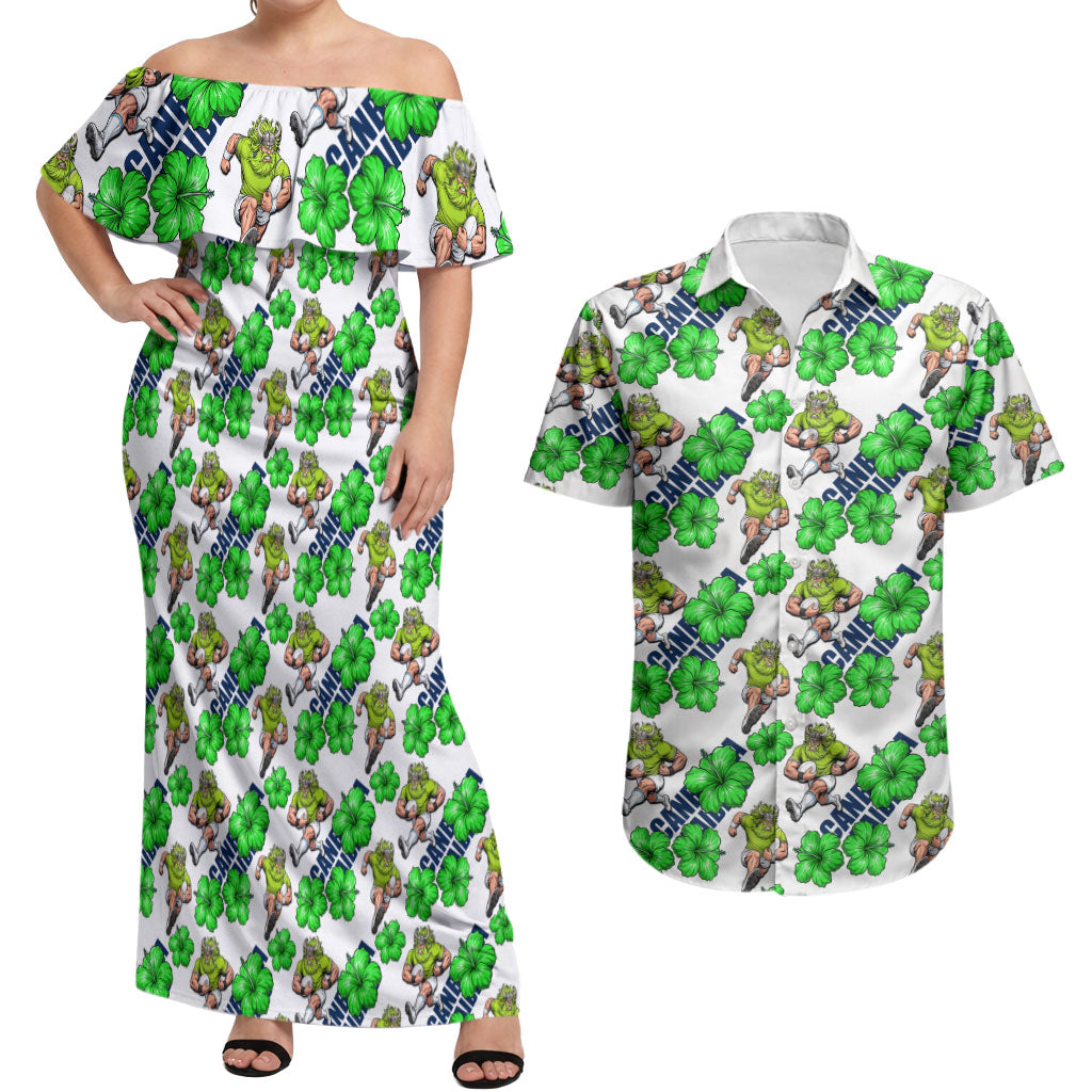 Canberra Raiders Couples Matching Off Shoulder Maxi Dress and Hawaiian Shirt Tropical Hibiscus Floral Seamless Rugby Mascot