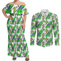 Canberra Raiders Couples Matching Off Shoulder Maxi Dress and Long Sleeve Button Shirt Tropical Hibiscus Floral Seamless Rugby Mascot