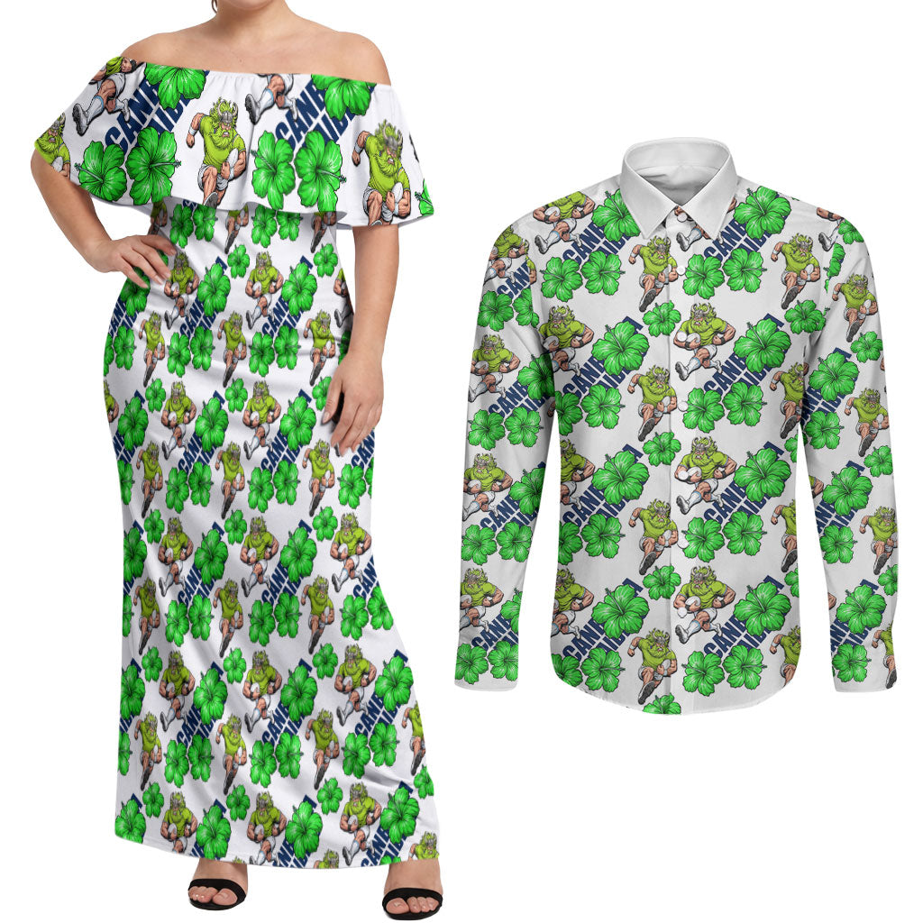 Canberra Raiders Couples Matching Off Shoulder Maxi Dress and Long Sleeve Button Shirt Tropical Hibiscus Floral Seamless Rugby Mascot