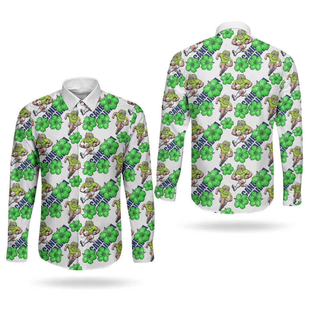 Canberra Raiders Couples Matching Off Shoulder Maxi Dress and Long Sleeve Button Shirt Tropical Hibiscus Floral Seamless Rugby Mascot
