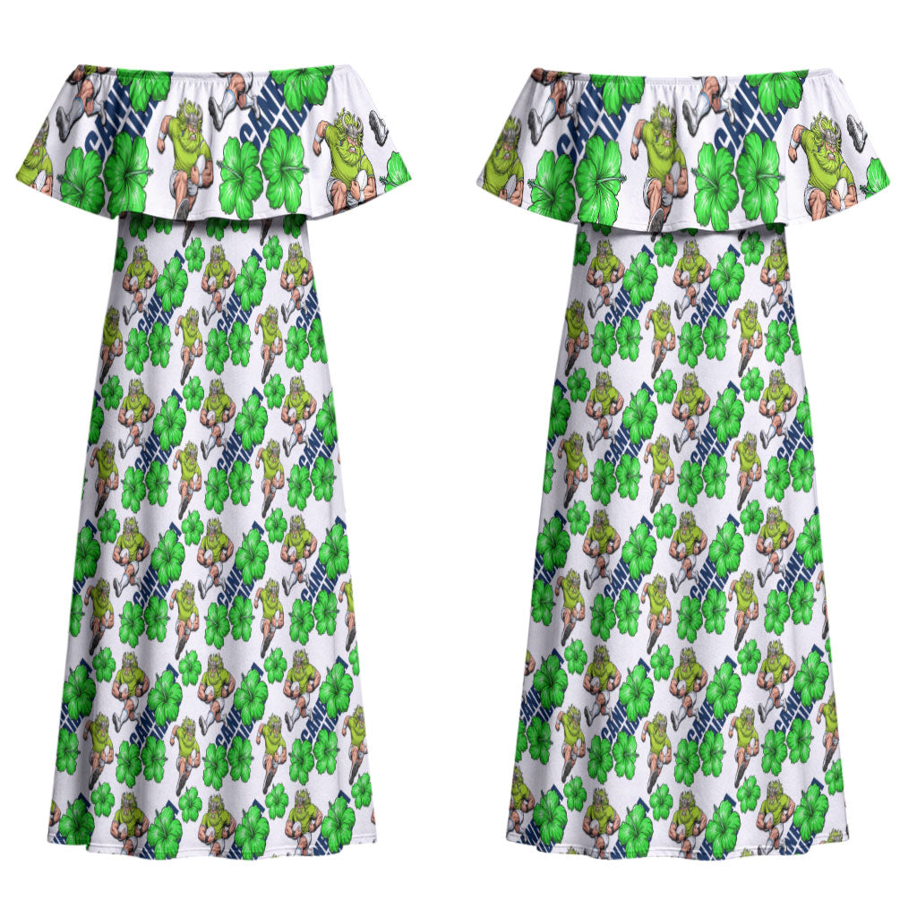 Canberra Raiders Couples Matching Off Shoulder Maxi Dress and Long Sleeve Button Shirt Tropical Hibiscus Floral Seamless Rugby Mascot