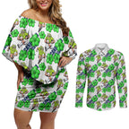 Canberra Raiders Couples Matching Off Shoulder Short Dress and Long Sleeve Button Shirt Tropical Hibiscus Floral Seamless Rugby Mascot