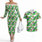 Canberra Raiders Couples Matching Off The Shoulder Long Sleeve Dress and Hawaiian Shirt Tropical Hibiscus Floral Seamless Rugby Mascot