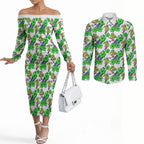 Canberra Raiders Couples Matching Off The Shoulder Long Sleeve Dress and Long Sleeve Button Shirt Tropical Hibiscus Floral Seamless Rugby Mascot