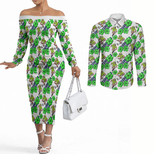 Canberra Raiders Couples Matching Off The Shoulder Long Sleeve Dress and Long Sleeve Button Shirt Tropical Hibiscus Floral Seamless Rugby Mascot