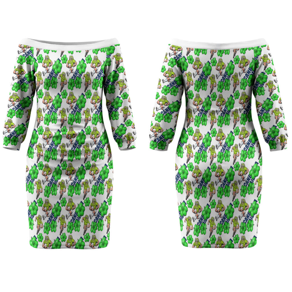 Canberra Raiders Couples Matching Off The Shoulder Long Sleeve Dress and Long Sleeve Button Shirt Tropical Hibiscus Floral Seamless Rugby Mascot