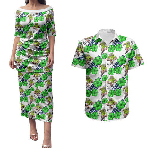 Canberra Raiders Couples Matching Puletasi and Hawaiian Shirt Tropical Hibiscus Floral Seamless Rugby Mascot