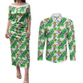 Canberra Raiders Couples Matching Puletasi and Long Sleeve Button Shirt Tropical Hibiscus Floral Seamless Rugby Mascot