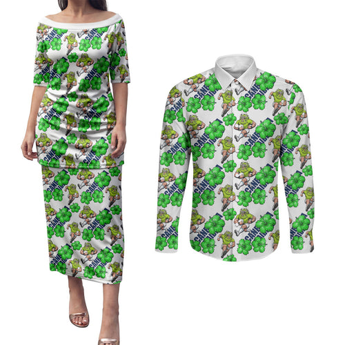 Canberra Raiders Couples Matching Puletasi and Long Sleeve Button Shirt Tropical Hibiscus Floral Seamless Rugby Mascot