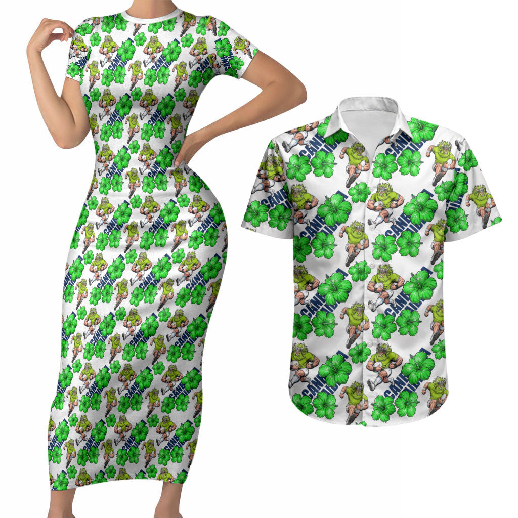 Canberra Raiders Couples Matching Short Sleeve Bodycon Dress and Hawaiian Shirt Tropical Hibiscus Floral Seamless Rugby Mascot