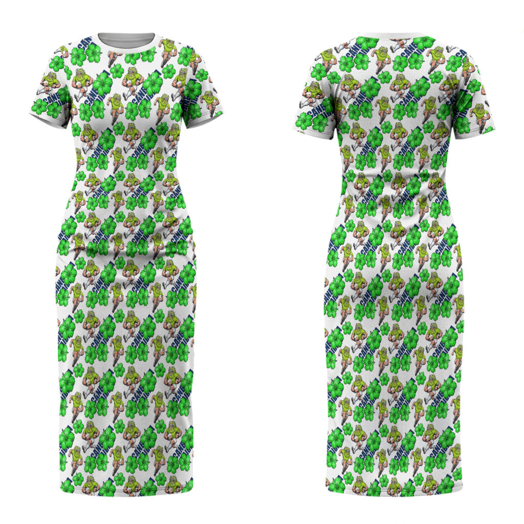 Canberra Raiders Couples Matching Short Sleeve Bodycon Dress and Hawaiian Shirt Tropical Hibiscus Floral Seamless Rugby Mascot
