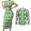 Canberra Raiders Couples Matching Short Sleeve Bodycon Dress and Long Sleeve Button Shirt Tropical Hibiscus Floral Seamless Rugby Mascot