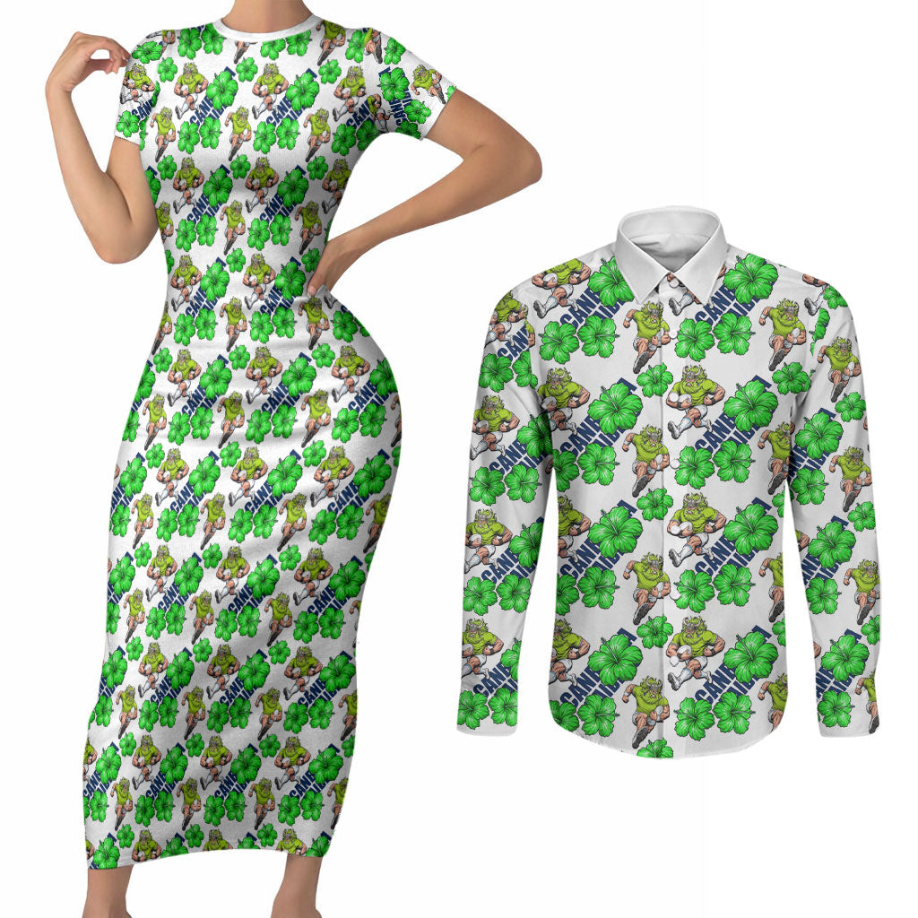 Canberra Raiders Couples Matching Short Sleeve Bodycon Dress and Long Sleeve Button Shirt Tropical Hibiscus Floral Seamless Rugby Mascot