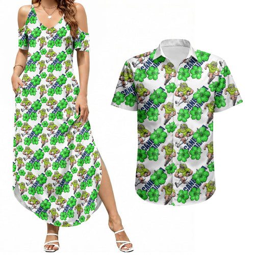 Canberra Raiders Couples Matching Summer Maxi Dress and Hawaiian Shirt Tropical Hibiscus Floral Seamless Rugby Mascot