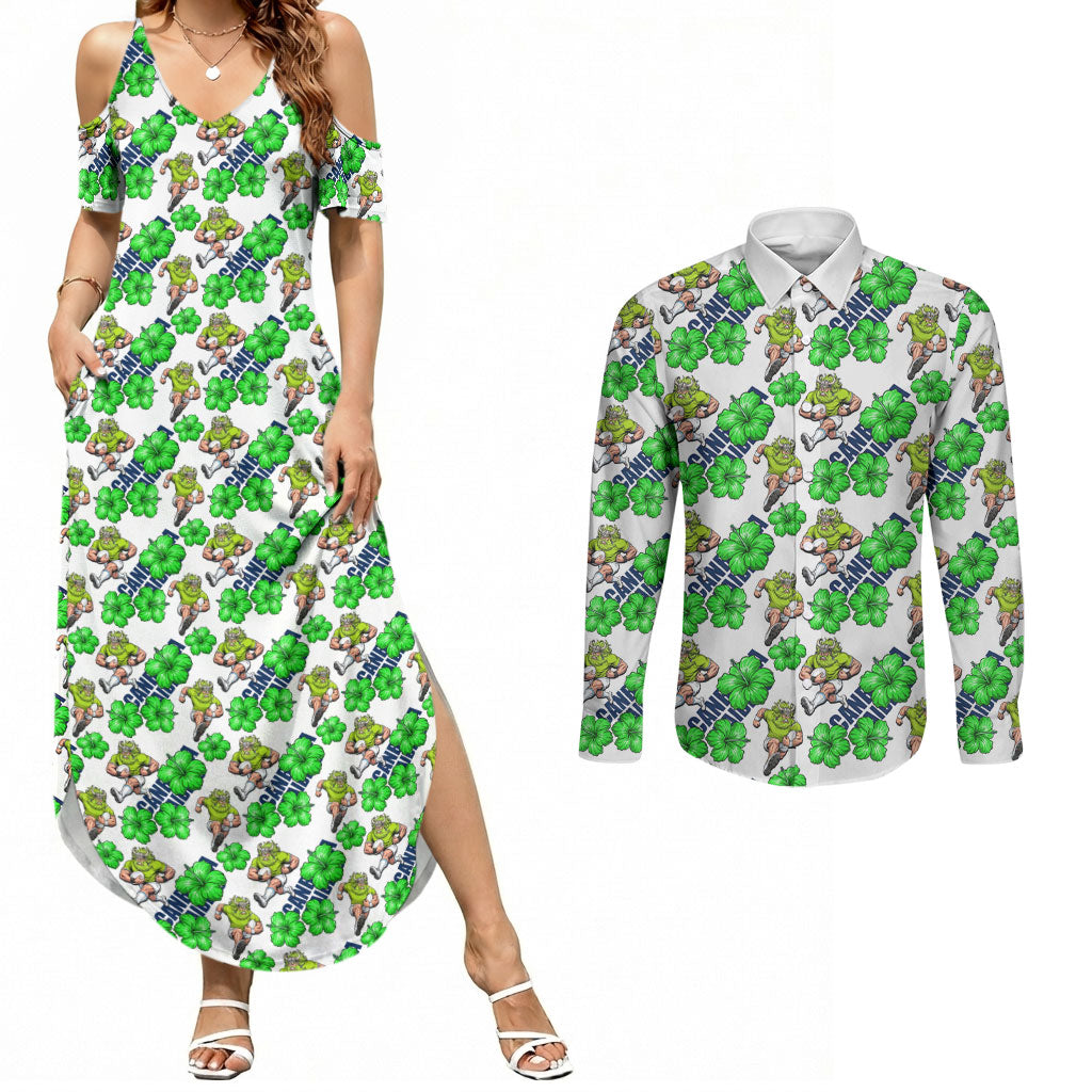 Canberra Raiders Couples Matching Summer Maxi Dress and Long Sleeve Button Shirt Tropical Hibiscus Floral Seamless Rugby Mascot