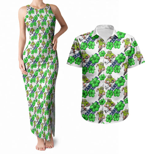 Canberra Raiders Couples Matching Tank Maxi Dress and Hawaiian Shirt Tropical Hibiscus Floral Seamless Rugby Mascot