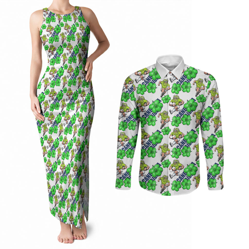 Canberra Raiders Couples Matching Tank Maxi Dress and Long Sleeve Button Shirt Tropical Hibiscus Floral Seamless Rugby Mascot
