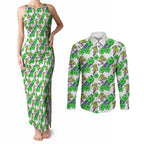 Canberra Raiders Couples Matching Tank Maxi Dress and Long Sleeve Button Shirt Tropical Hibiscus Floral Seamless Rugby Mascot