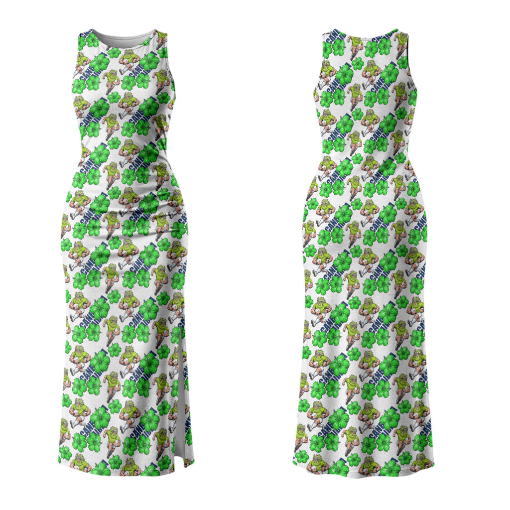 Canberra Raiders Couples Matching Tank Maxi Dress and Long Sleeve Button Shirt Tropical Hibiscus Floral Seamless Rugby Mascot