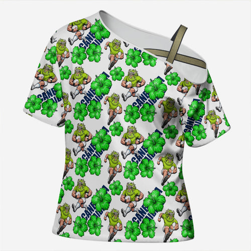 Canberra Raiders Cross Shoulder Shirt Tropical Hibiscus Floral Seamless Rugby Mascot