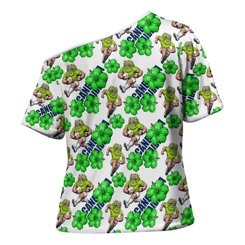 Canberra Raiders Cross Shoulder Shirt Tropical Hibiscus Floral Seamless Rugby Mascot