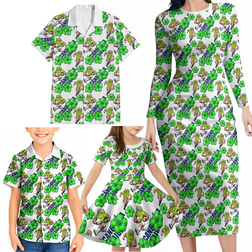Canberra Raiders Family Matching Long Sleeve Bodycon Dress and Hawaiian Shirt Tropical Hibiscus Floral Seamless Rugby Mascot