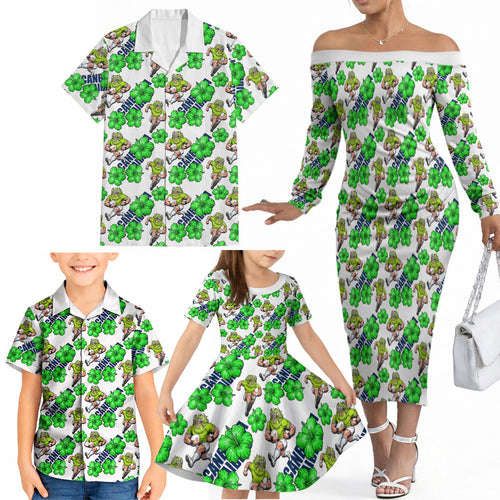 Canberra Raiders Family Matching Off The Shoulder Long Sleeve Dress and Hawaiian Shirt Tropical Hibiscus Floral Seamless Rugby Mascot