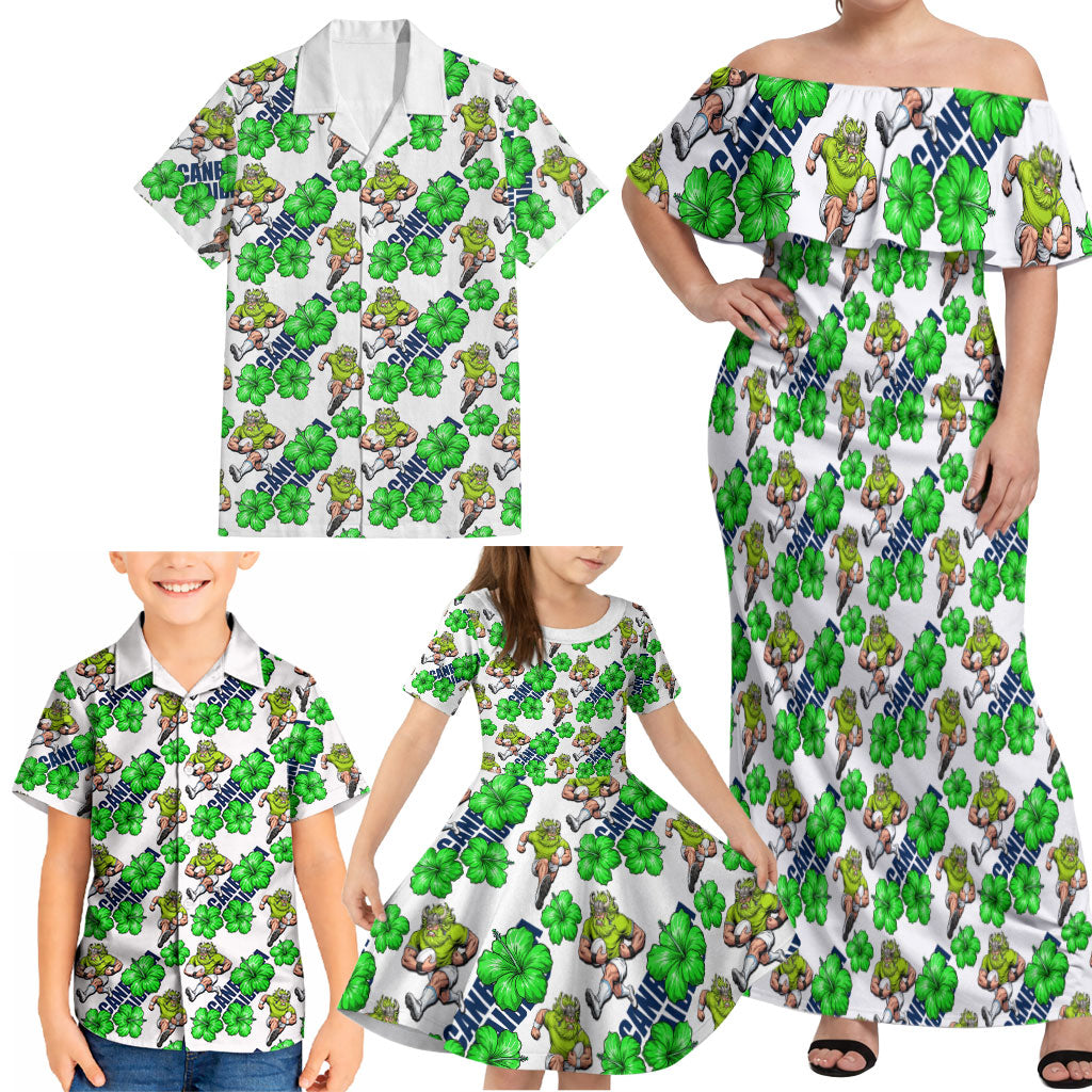 Canberra Raiders Family Matching Off Shoulder Maxi Dress and Hawaiian Shirt Tropical Hibiscus Floral Seamless Rugby Mascot