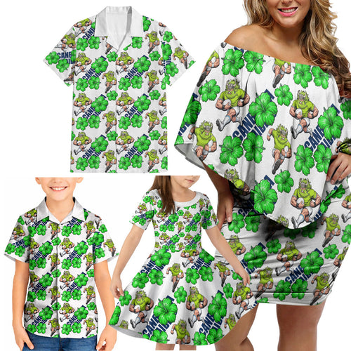 Canberra Raiders Family Matching Off Shoulder Short Dress and Hawaiian Shirt Tropical Hibiscus Floral Seamless Rugby Mascot