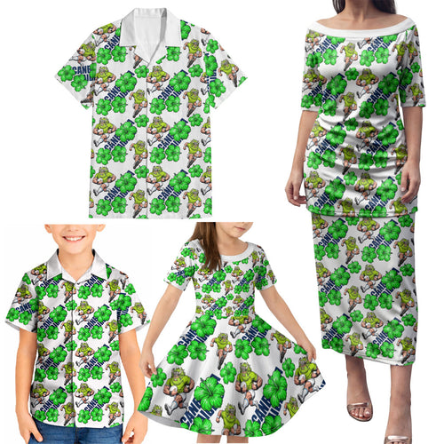 Canberra Raiders Family Matching Puletasi and Hawaiian Shirt Tropical Hibiscus Floral Seamless Rugby Mascot