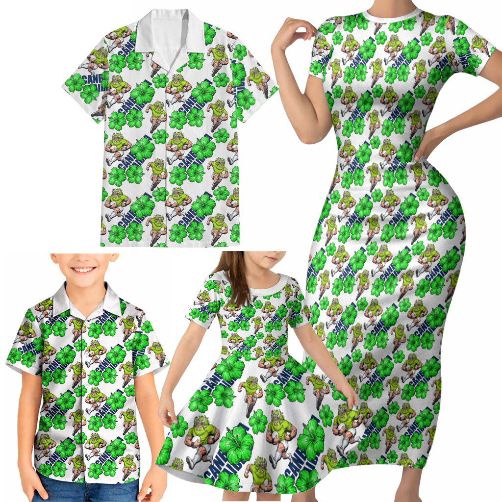 Canberra Raiders Family Matching Short Sleeve Bodycon Dress and Hawaiian Shirt Tropical Hibiscus Floral Seamless Rugby Mascot
