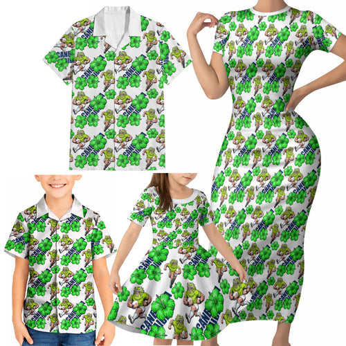 Canberra Raiders Family Matching Short Sleeve Bodycon Dress and Hawaiian Shirt Tropical Hibiscus Floral Seamless Rugby Mascot