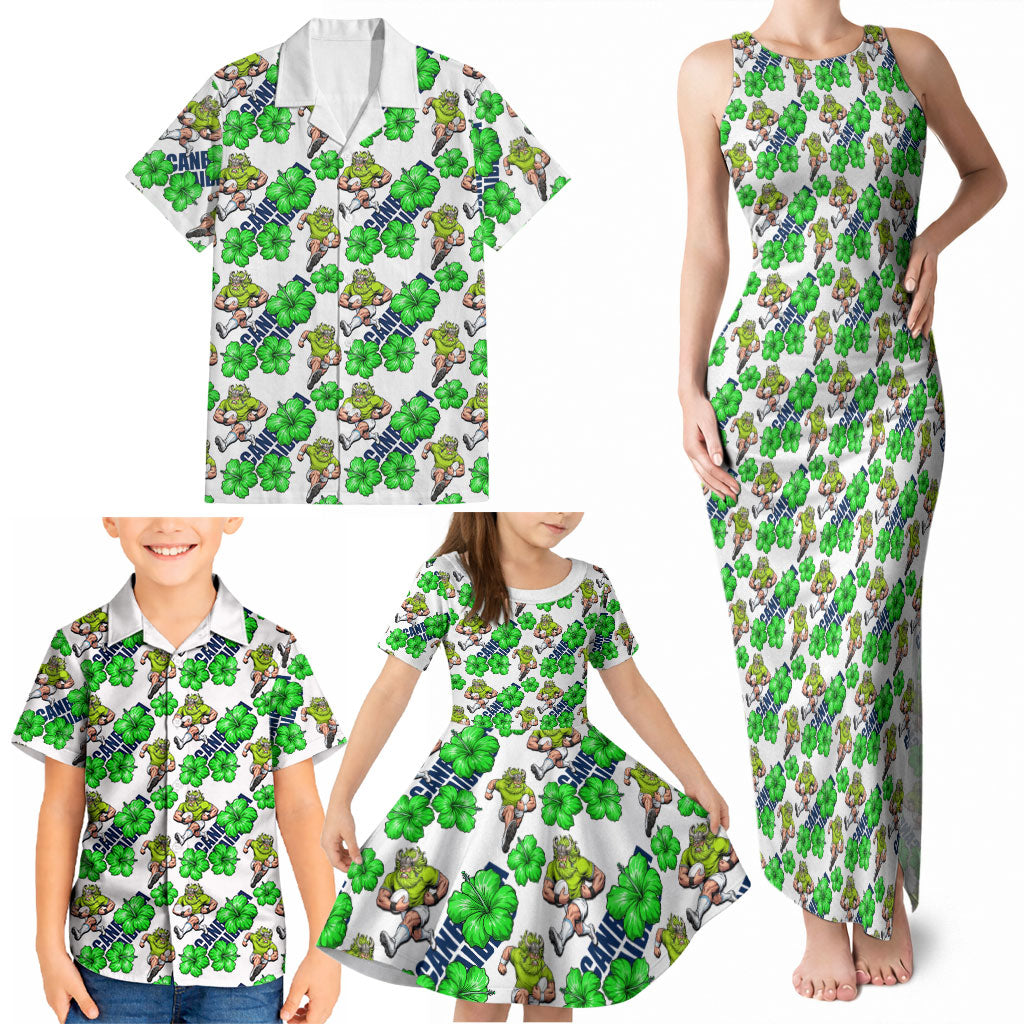 Canberra Raiders Family Matching Tank Maxi Dress and Hawaiian Shirt Tropical Hibiscus Floral Seamless Rugby Mascot