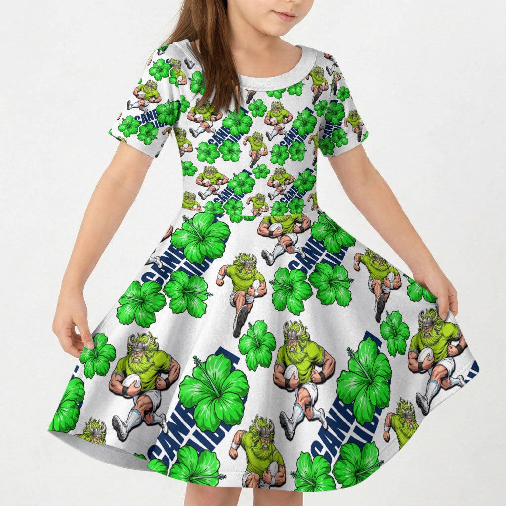 Canberra Raiders Kid Short Sleeve Dress Tropical Hibiscus Floral Seamless Rugby Mascot
