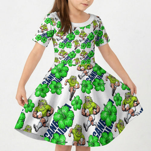 Canberra Raiders Kid Short Sleeve Dress Tropical Hibiscus Floral Seamless Rugby Mascot