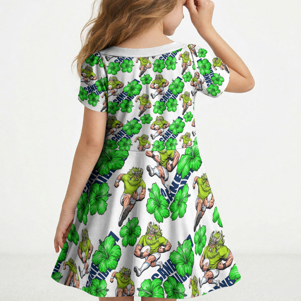 Canberra Raiders Kid Short Sleeve Dress Tropical Hibiscus Floral Seamless Rugby Mascot