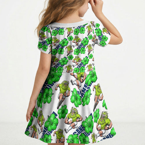 Canberra Raiders Kid Short Sleeve Dress Tropical Hibiscus Floral Seamless Rugby Mascot