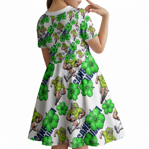 Canberra Raiders Kid Short Sleeve Dress Tropical Hibiscus Floral Seamless Rugby Mascot