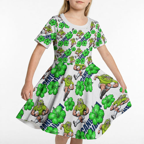 Canberra Raiders Kid Short Sleeve Dress Tropical Hibiscus Floral Seamless Rugby Mascot