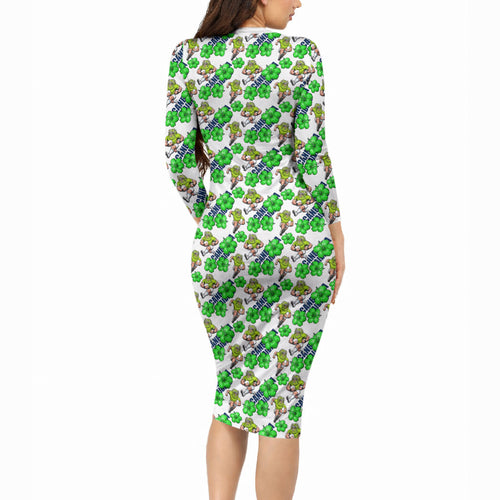 Canberra Raiders Long Sleeve Bodycon Dress Tropical Hibiscus Floral Seamless Rugby Mascot